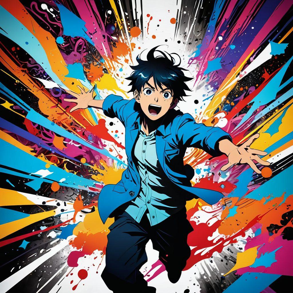 A visually striking scene blending manga art style with vibrant, chaotic elements representing madness. Include characters engaging in playful, adult-themed scenarios surrounded by swirling, colorful visuals that suggest animation. Ensure the background has a dynamic blend of manga panels and abstract shapes to symbolize storytelling. super-realistic. vibrant colors. dynamic composition.